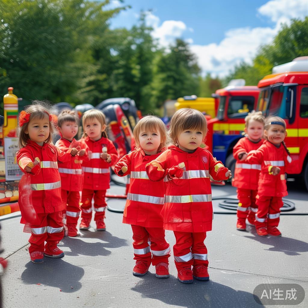 幼儿园消防演练图片：萌娃小卫士学消防