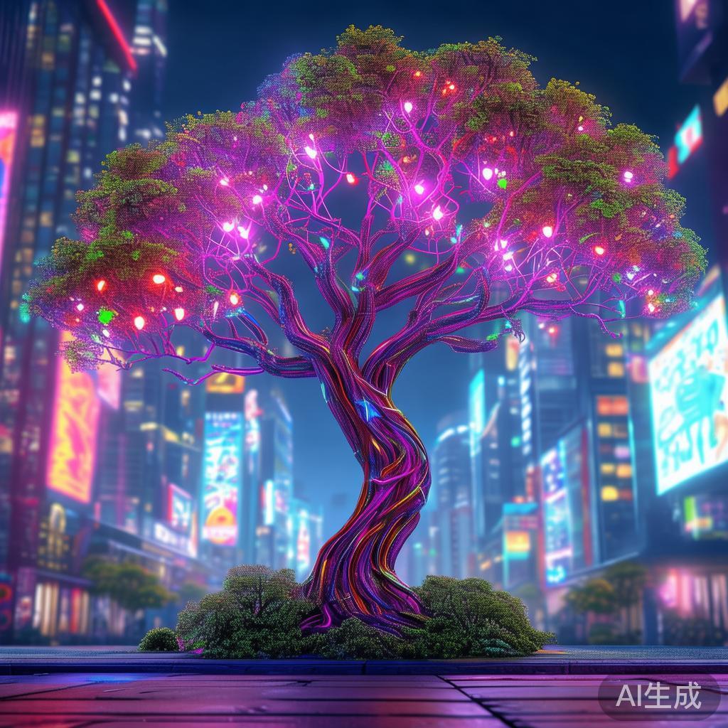 赛博霓虹小树简笔画卡通图片