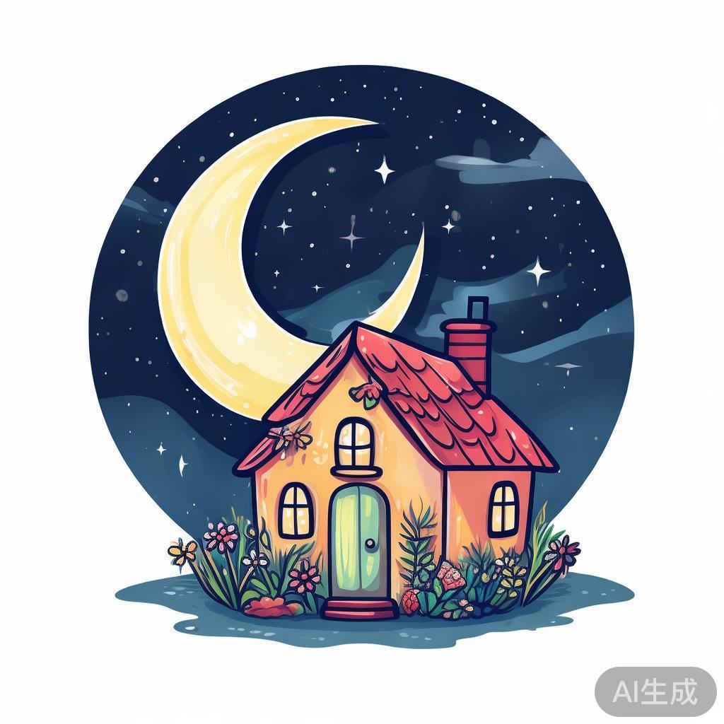 卡通月亮简笔画图片小屋