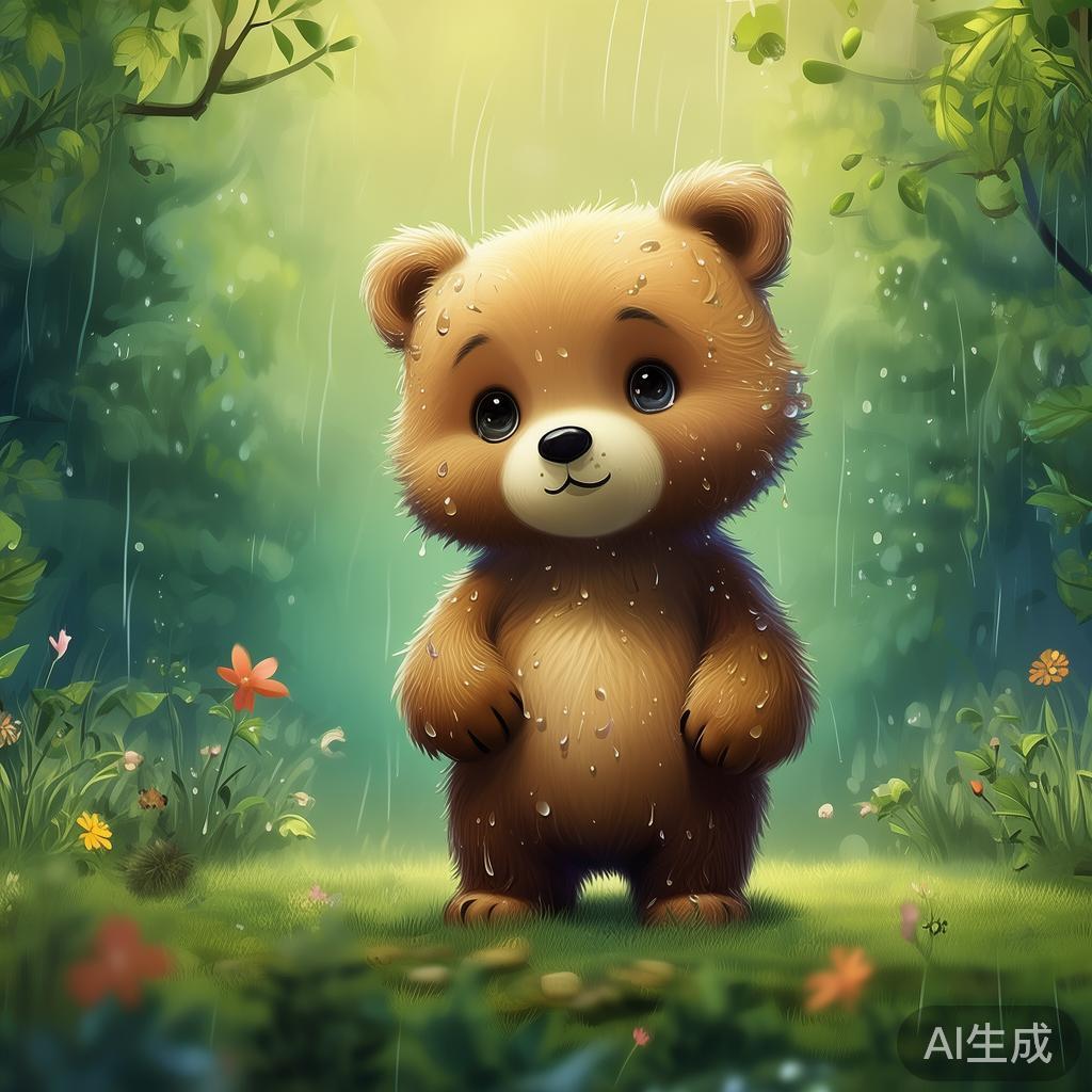 卡通可爱背景图片：雨滴打湿的孤单小熊