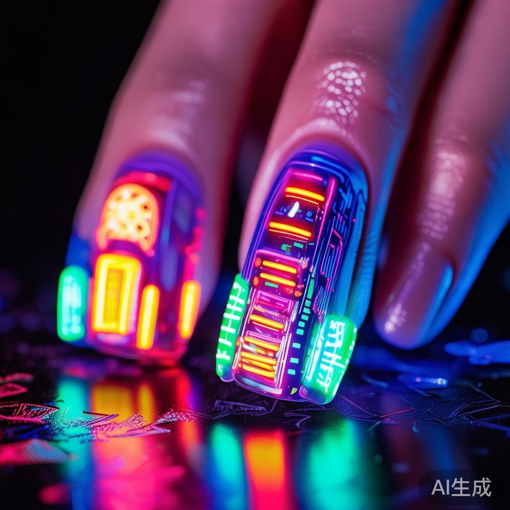 赛博霓虹卡通美甲图片