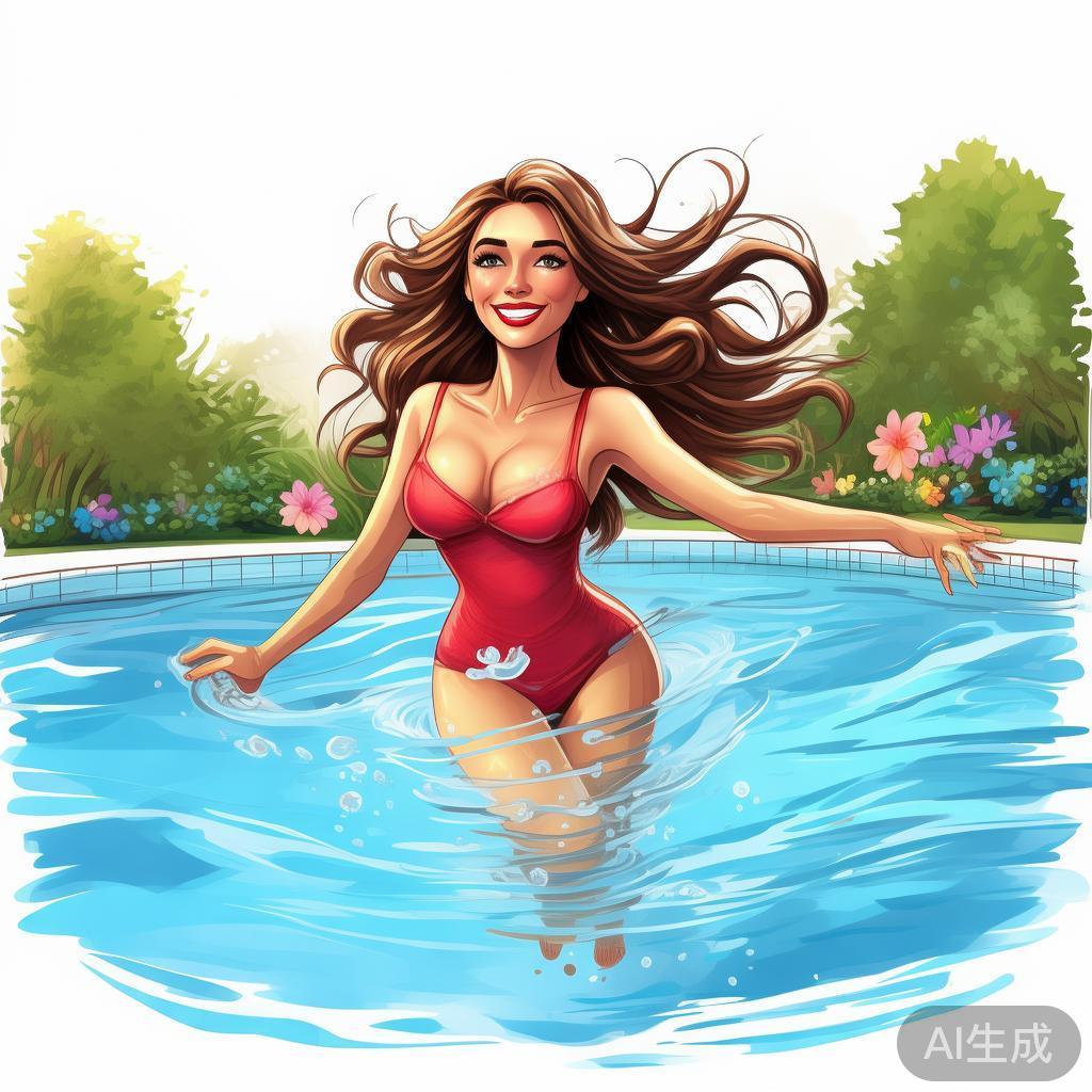 卡通素描风美女游泳图片