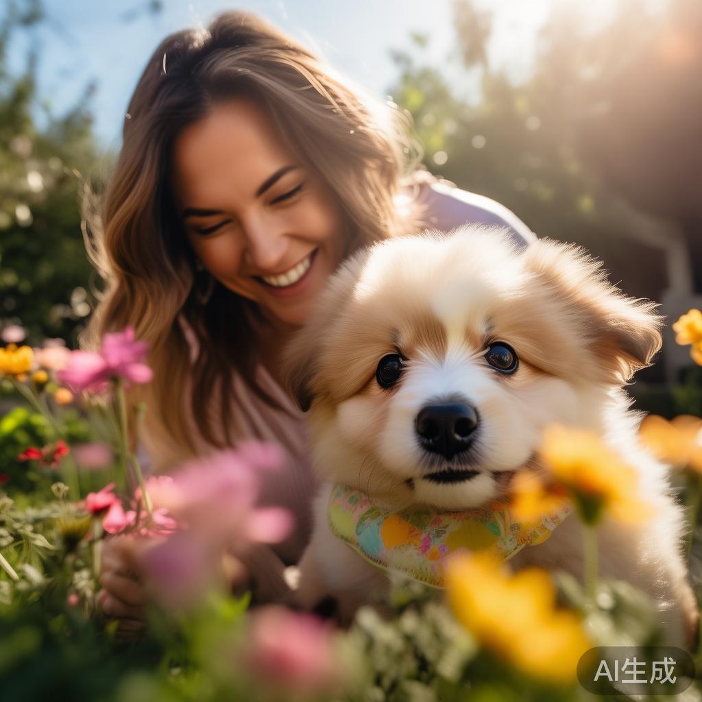 女人和萌犬相伴图片