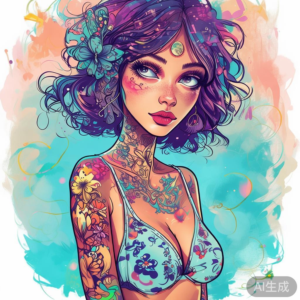 卡通素描：纹身女孩图片